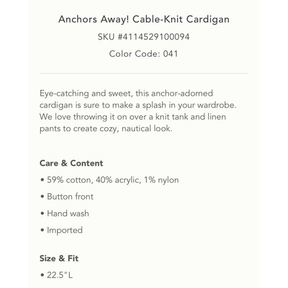 Anchors Away! Cableknit Cardigan NWT S - Picture 6 of 14